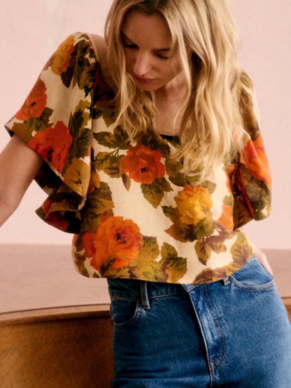 Sezane Curly Blouse Floral Linen/Silk Scoop Neck Cropped Top in Cream and Orange